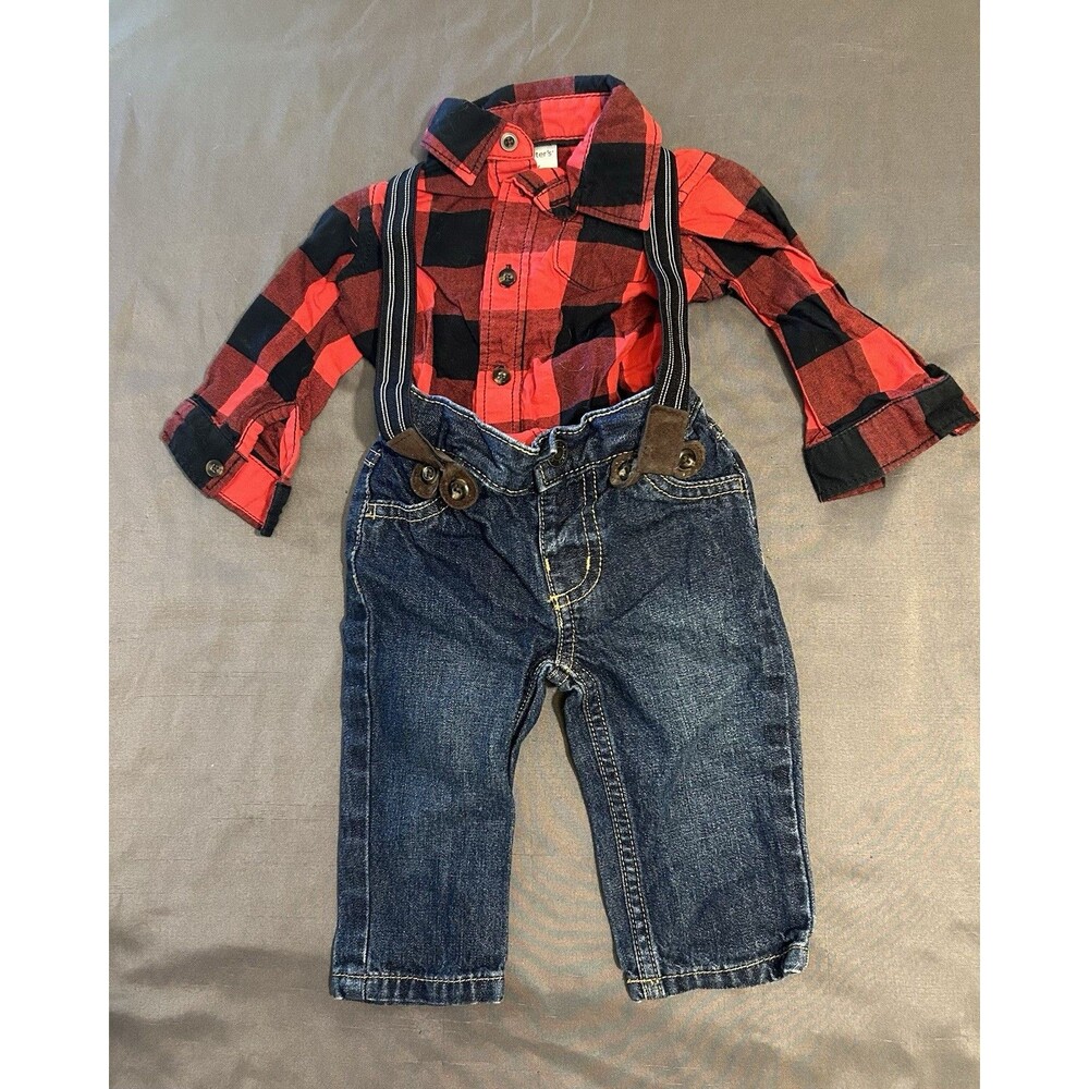 Baby CARTERS - Plaid Flannel Shirt & Jeans, Suspenders 6 Months Pre-owned